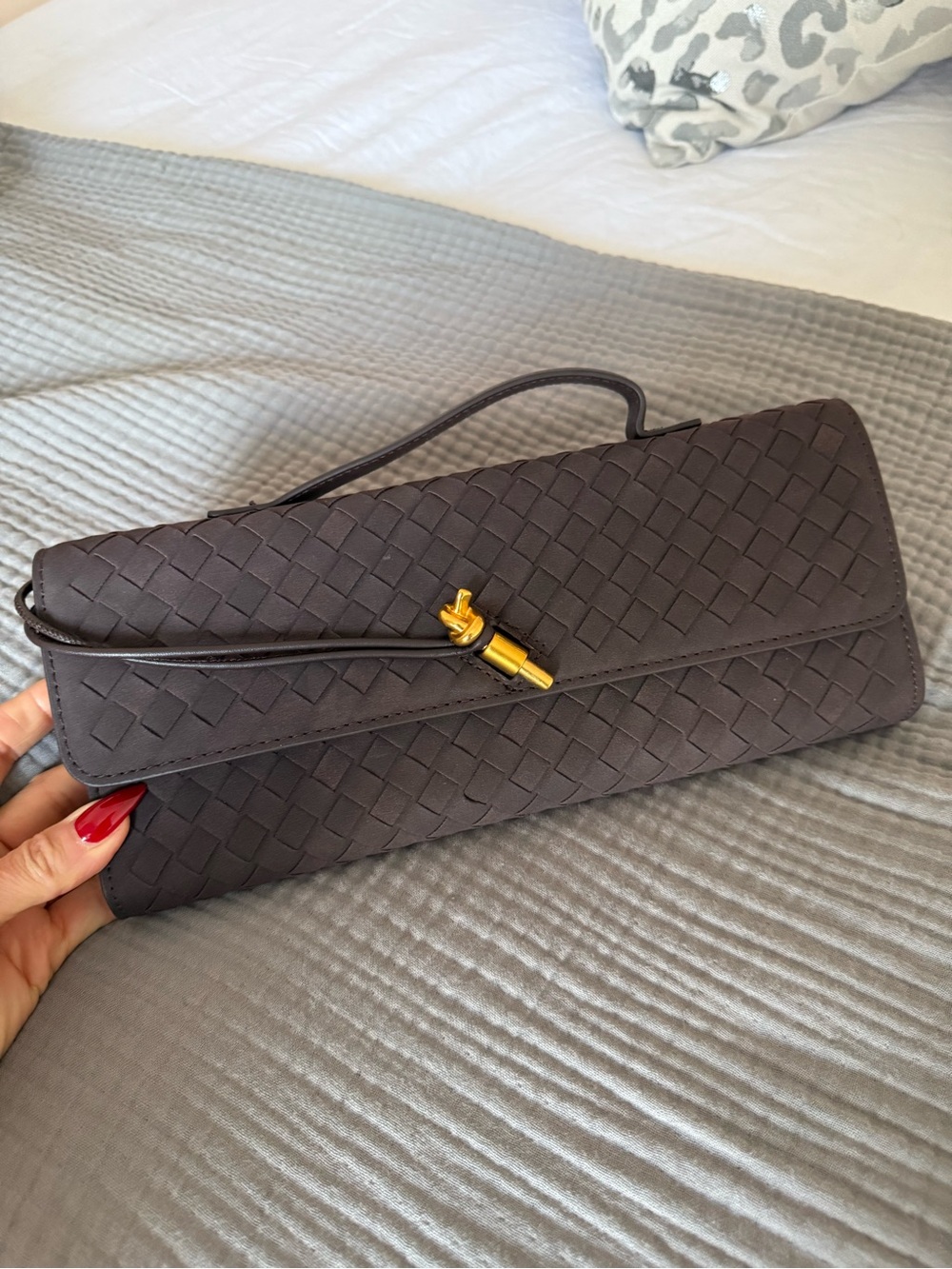 Amazon Dark Brown Woven Clutch with Gold Knot Accent